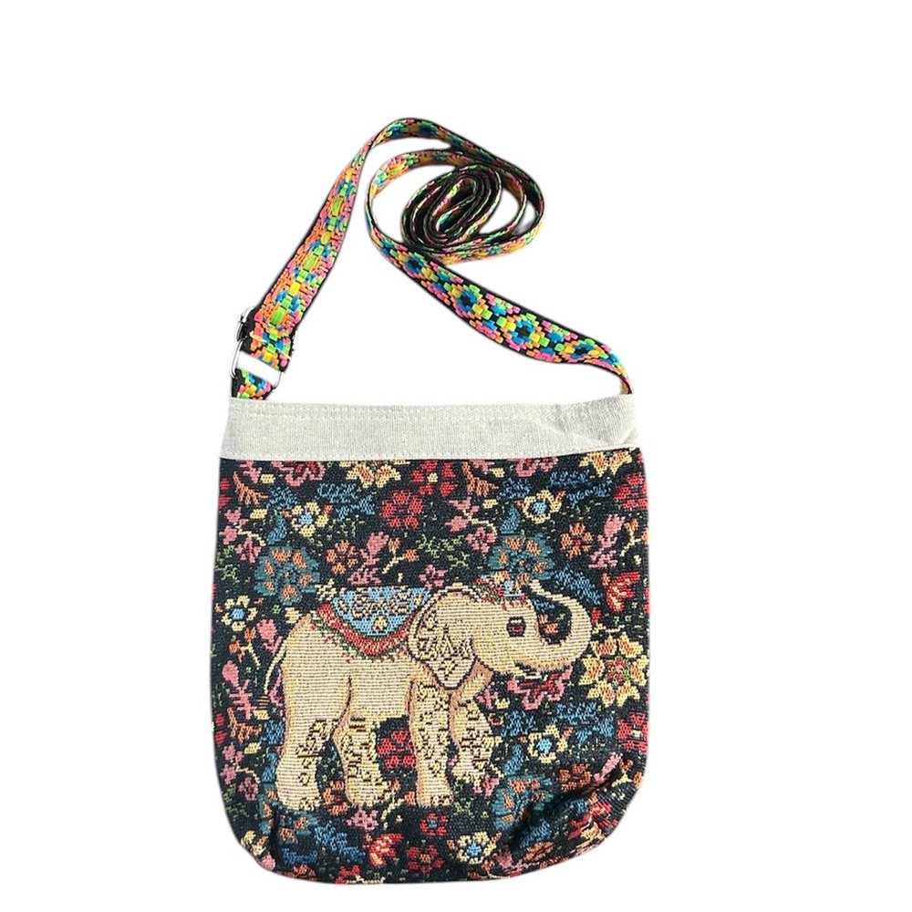 Colorful‎ Elephant Tapestry Crossbody Bag w/Neon Geometric Strap Boho Ethnic - Picture 3 of 13